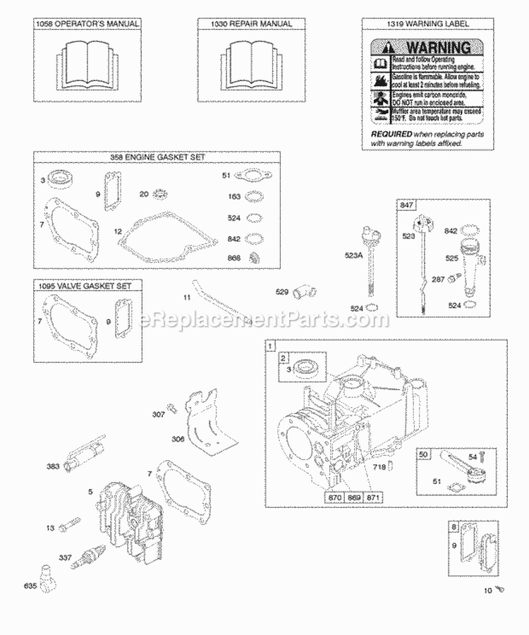 Cylinder Cylinder Head Gasket Set - Engine Gasket Set - Valve Lubrication OperatorS Manual Warning Label Diagram and Parts List for 10K902-0100-E1  Briggs and Stratton Engine